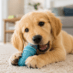 A cute golden retriever puppy chewing a rubber toy on a cozy living room carpet, bright natural lighting, realistic pet photography style.