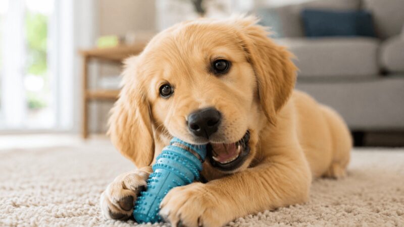 A cute golden retriever puppy chewing a rubber toy on a cozy living room carpet, bright natural lighting, realistic pet photography style.